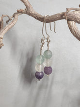 Load image into Gallery viewer, Drop earrings with mint, white, and purple fluorite beads and silver-tone hooks