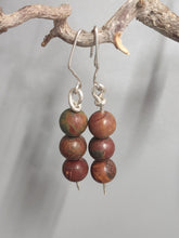 Load image into Gallery viewer, Dangling jasper bead earrings with four round dark red and green stones