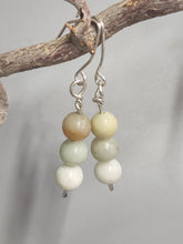 Load image into Gallery viewer, Amazonite bead earrings with four stacked pale beads each and silver hook drops.