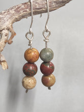 Load image into Gallery viewer, Dangling jasper bead earrings with stacked brown, gray-green, red, and cream beads