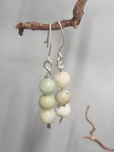Load image into Gallery viewer, Amazonite bead earrings with three pale round beads and silver hook drops.