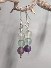 Load image into Gallery viewer, Fluorite bead drop earrings with clear, mint, and purple beads on silver-tone hooks
