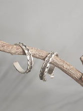 Load image into Gallery viewer, Silver zipper hoop stud earrings with textured ridged hoop and hinged clasp