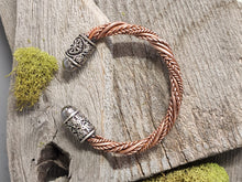 Load image into Gallery viewer, Twisted copper cuff bracelet, copper braid with two engraved silver end beads