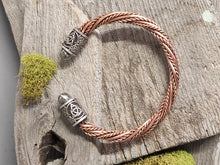 Load image into Gallery viewer, Twisted copper cuff bracelet, braided copper band with engraved silver tube beads