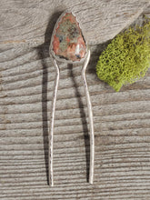 Load image into Gallery viewer, Silver hair pin with moss agate slice top and long prongs