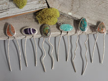 Load image into Gallery viewer, Assorted silver hair pins with oval stone cabochons and long U-shaped prongs