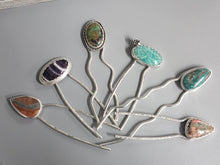 Load image into Gallery viewer, Silver hair pin set with multiple cabochon stones and long prongs in a fan layout