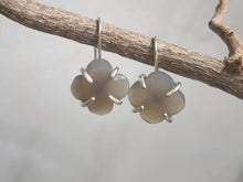 Load image into Gallery viewer, Clover drop earrings with pale gray chalcedony petals and silver fishhook backs