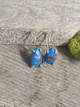 Load image into Gallery viewer, Silver hoop earrings with blue turquoise teardrop stones, side view