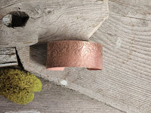 Load image into Gallery viewer, Wide copper cuff bracelet with ornate lace scroll engraving, side view