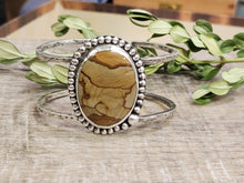Load image into Gallery viewer, Picture jasper double bracelet with oval stone center and two silver open cuffs