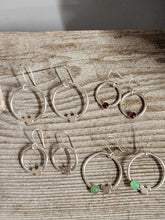 Load image into Gallery viewer, Mouse hoop earrings with silver hoops, mouse charms, and red/green stone accents