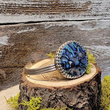 Load image into Gallery viewer, Abalone stone bracelet featuring blue oval stone bezel with stacked metal bangles