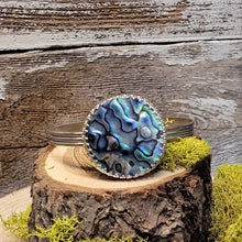 Load image into Gallery viewer, Abalone stone bracelet with blue iridescent oval and silver multi-band cuff
