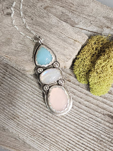 3 Stone Necklace (Chalcedony, Moonstone, Rose Quartz)