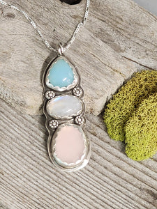 3 Stone Necklace (Chalcedony, Moonstone, Rose Quartz)