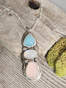 3 Stone Necklace (Chalcedony, Moonstone, Rose Quartz)