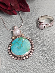 Kingman Turquoise & Pearl With Gold Pendant