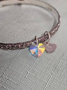 Flower Bangle with 2 charms (Clear) Heart