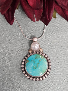 Kingman Turquoise & Pearl With Gold Pendant