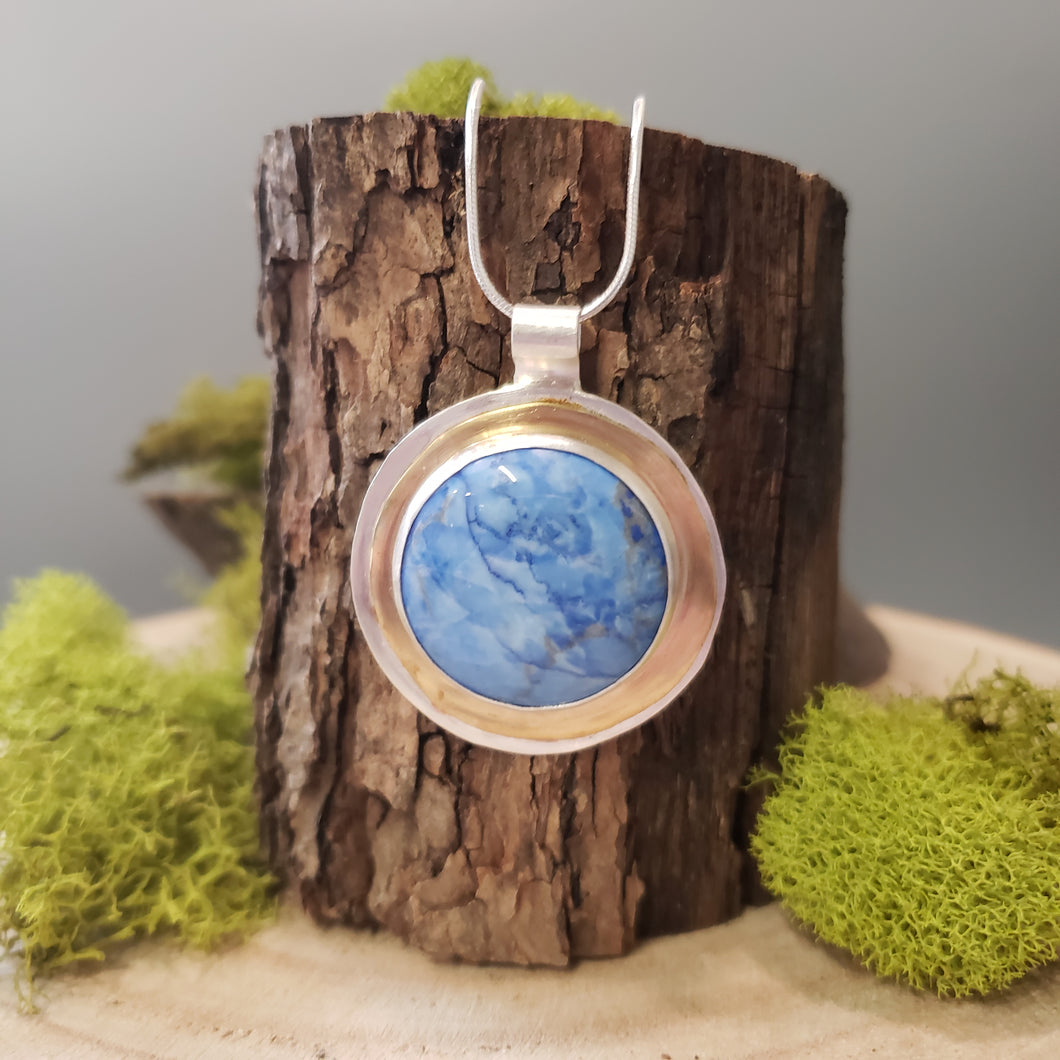 Blue Howlite Circle Stone with Mixed Metals Pendants