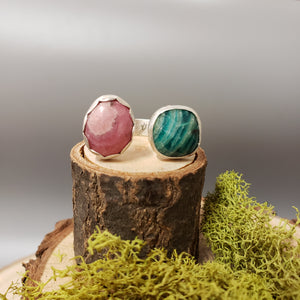 Split Stone Ring with 2 Stones, Amazinite blue & Rhodochrosite pink