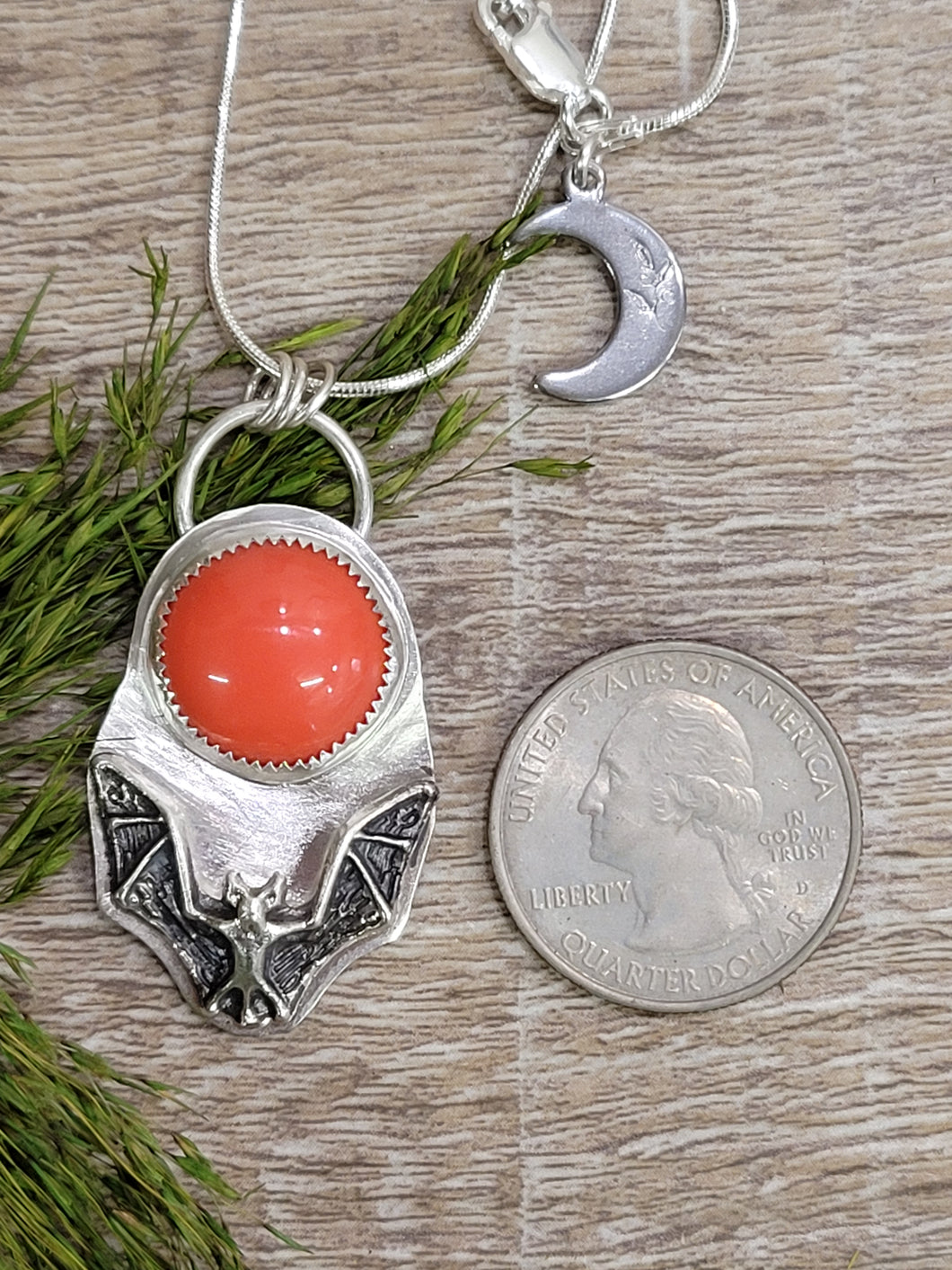 Sterling Silver Bat with Orange Rosarita  Necklace