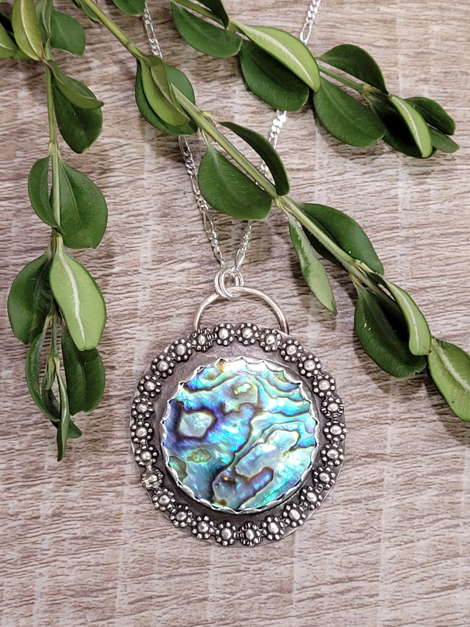 Sterling Silver Abalone Mother Of Pearl Shell Necklace Pendant Unique Large  MOP