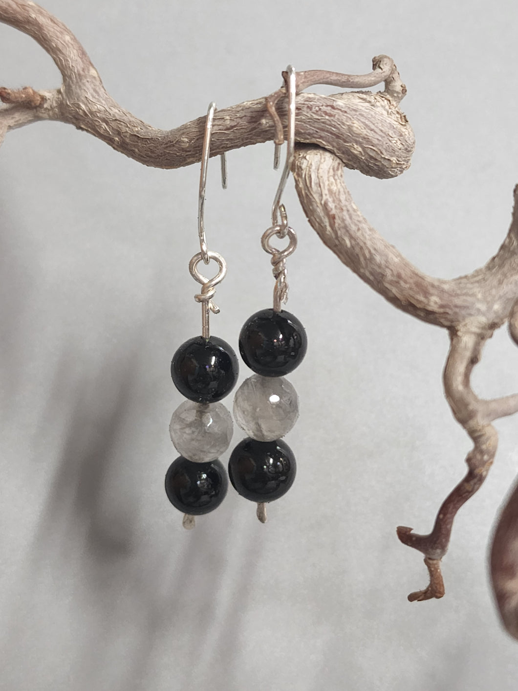 Onyx, and Grey Moonstone Bead Earrings